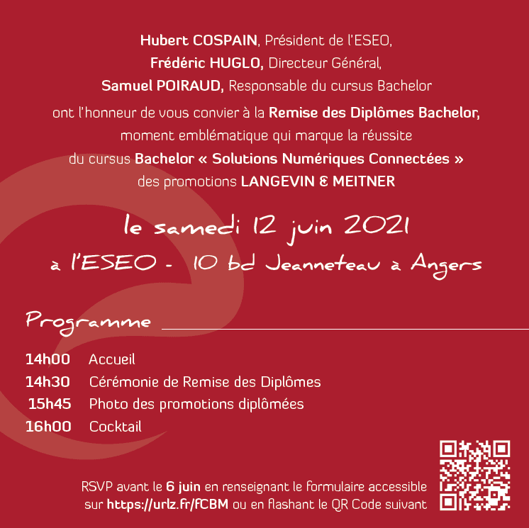 Carton d'invitation et programme remise des diplômes bachelor ESEO - Promotions Langevin et Meitner